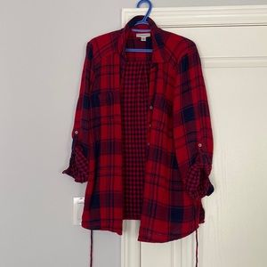 Red and blue checkered maternity shirt